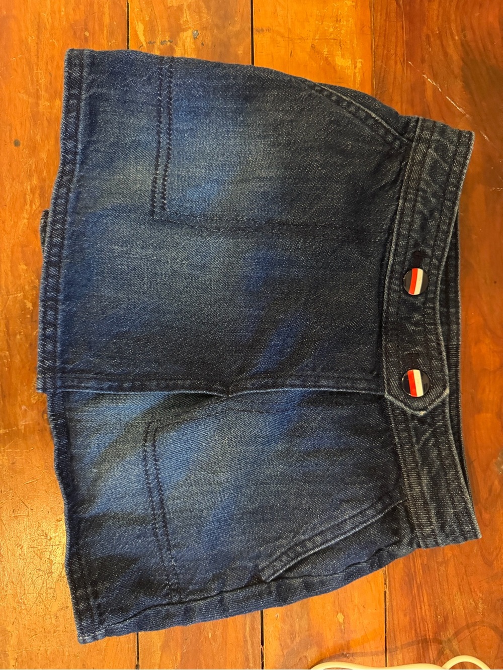 Vintage Tommy Hilfiger Dark Blue Denim Mini Skirt with Stripe Button Accents